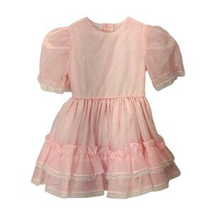 Vintage Elise Size Reg 4 1980s Pink Girls Dress With Lace Trim & Ruffled‎ Skirt